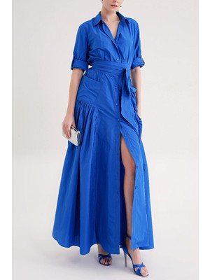 Societa Mavi Büzgülü uzun tafta elbise 94646