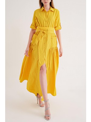 Societa Sarı Büzgülü uzun tafta elbise 94646 RPT