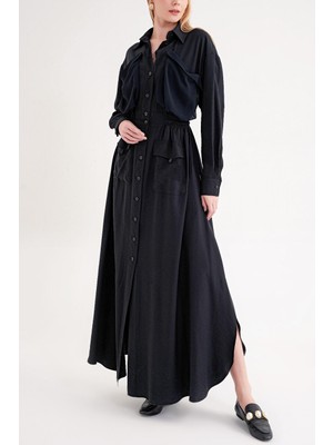 Societa Siyah Cep ve lastikli bel detaylı uzun elbise 94661