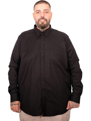 ModeXL Mode Xl Büyük Beden Erkek Gabardin Gömlek Cepli Siyah Uzun Kol Günlük Bol Kesim