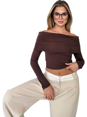 Kechi Woman Dalgıç Kumaş Madonna Yaka Kahverengi Crop