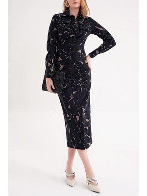 Societa Desenli Dar kesim büzgü detaylı uzun gömlek elbise 94664