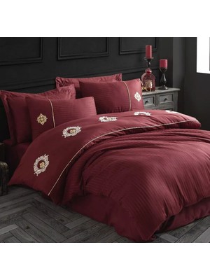 Colezium Elegant Nakışlı Pamuk Saten Çift Kişilik Nevresim Takımı Olimpos Bordo