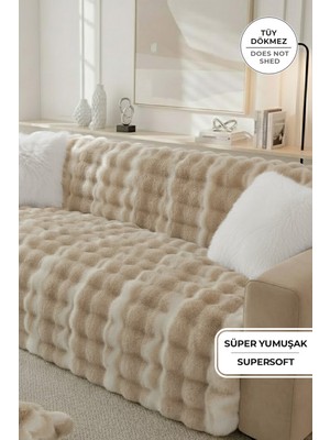 Evlen Home Collection Lüks Kürklü Koltuk Örtüsü 170X215 cm Yumuşak Peluş Kaymaz Taban Kanepe Örtüsü Kahve Krem