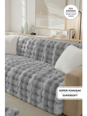 Evlen Home Collection Lüks Kürklü Koltuk Örtüsü 170X215 cm Yumuşak Peluş Kaymaz Taban Kanepe Örtüsü Gri Krem