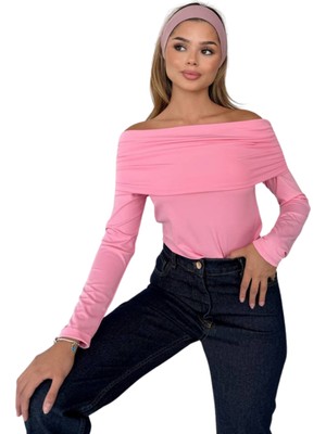 Kechi Woman Dalgıç Kumaş Madonna Yaka Pembe Crop