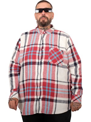 ModeXL Mode Xl Kırmızı Ekose-Kareli Büyük Beden Erkek Oduncu Gömlek Uzun Kol Günlük Stil Bol Kesim