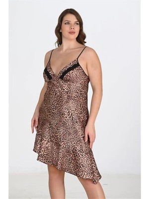 Aria's Closet Arias Closet Premium Büyük Beden Saten Leopar Gecelik Bigsize