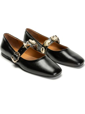 Emienza Neptune Vegan Rustik Deri Altın Toka Detaylı Bayan Babet