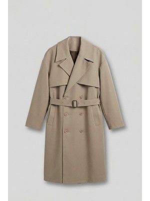 Abluka Online Bej Oversize Erkek Trençkot Kruvaze Yaka ve Kuşaklı Tasarım ile Şık Görünüm