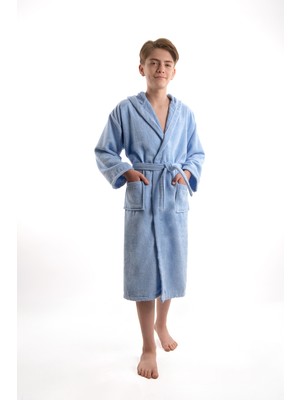 Eymir Home Collection Kadife Kapüşonlu Genç Çocuk Bornozu Mavi