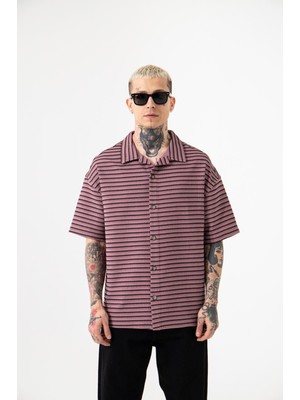 Machinist Erkek Makoron 3 Renk Çizgili Gömlek Koyu Mor-Siyah