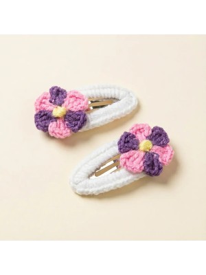 Rug Muse El Örgüsü Kız Çocuk Çıtçıt Toka Seti - Pretty Pansy - Menekşe Figürlü - Beyaz (2'li Paket)