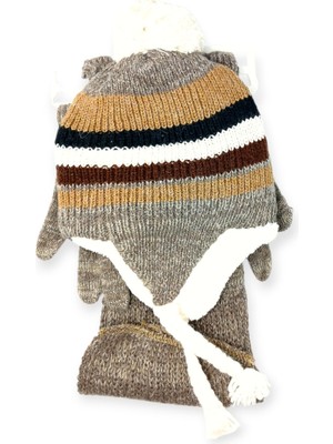 Mustran İçi Kürklü 4-8 Yaş Çocuk Bere Eldiven Atkı 3lü Set Kulakçıklı Örgü Polar Kışlık Sıcak