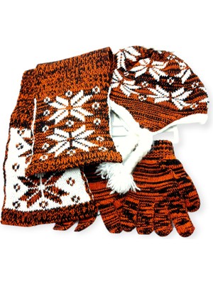 Mustran İçi Kürklü 4-8 Yaş Çocuk Bere Eldiven Atkı 3lü Set Kulakçıklı Örgü Polar Kışlık Sıcak