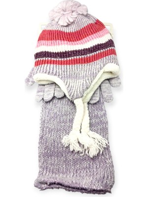 Mustran İçi Kürklü 4-8 Yaş Çocuk Bere Eldiven Atkı 3lü Set Kulakçıklı Örgü Polar Kışlık Sıcak