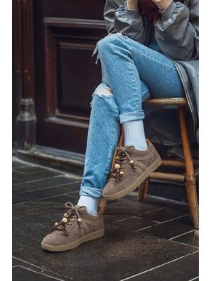 Marjin Kadın Sneaker Bağcıklı Boncuklu Püsküllü Spor Ayakkabı Ranves Vizon Süet