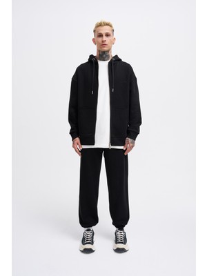 Machinist Erkek Basic Diagonal Fermuarlı Kapüşonlu Sweatshirt Siyah