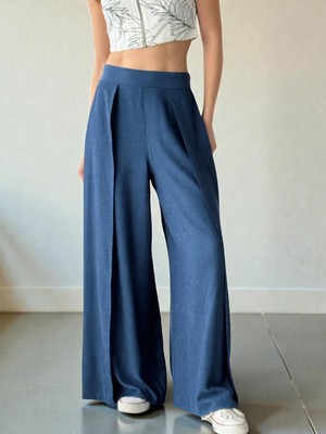 Retrobird Yırtmaç Detaylı Mavi Wide-Leg Kadın Pantolon Etek