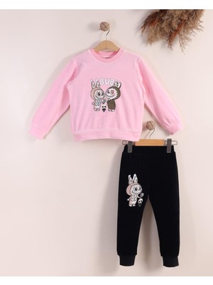 Kidello Pembe Kadife Kız Çocuk Eşofman Takımı Little Monster Baskılı 3-4 ve 7-8 Yaş | Yumuşak & Şık