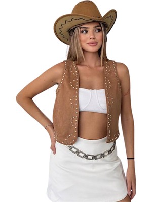 Kechi Woman Süet Kumaş Çakım Taşlı Camel Renk Yelek