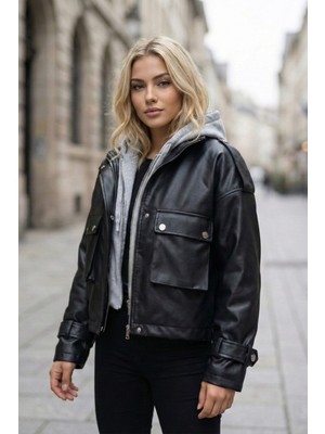 Famoda Kadın Apoletli Oversize Siyah Deri Ceket