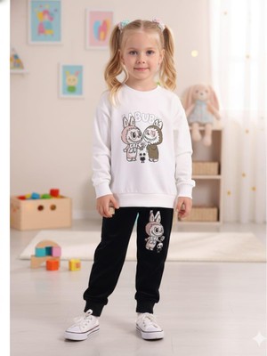 Kidello Ekru Kadife Kız Çocuk Eşofman Takımı Little Monster Baskılı 3-4 ve 7-8 Yaş | Yumuşak & Şık