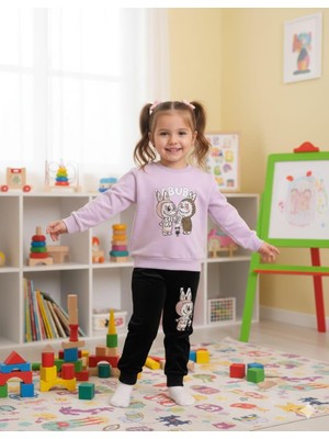 Kidello Lila Kadife Kız Çocuk Eşofman Takımı Little Monster Baskılı 3-4 ve 7-8 Yaş | Yumuşak & Şık