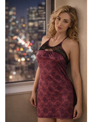 Miorre Sırtı Çapraz Askılı Dantel Detaylı Saten Gecelik