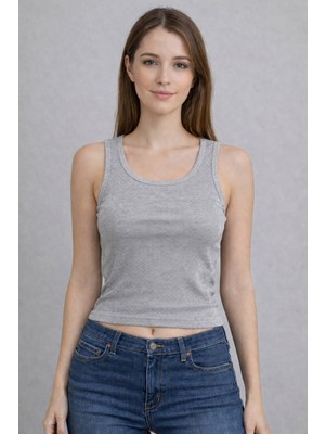 POLYMOOD Kadın 2'Li Set Gri Yumuşak Dokulu Esnek Fitilli Askılı Atlet