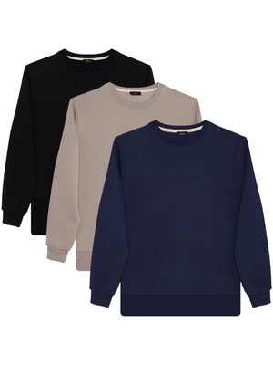 Tudors Erkek Relax Fit Kesim %100 Pamuk 3'lü Lacivert-Taş-Siyah Sweatshirt Truvakar Kol