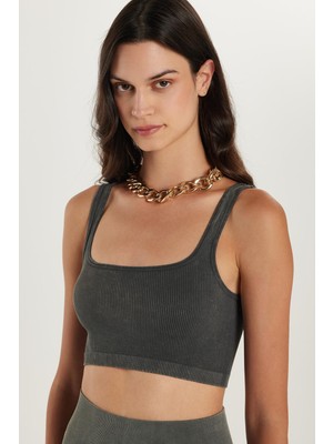 Tudors Kadın Slim Fit Dar Kesim Askılı U Yaka Antrasit Crop Atlet