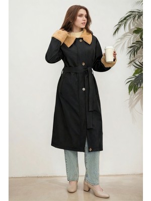 Hiramir Kadın Yakası Kürklü Uzun Trençkot Lacivert KS2542