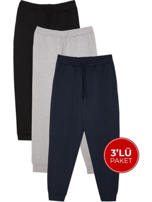 Tudors Erkek 3'lü Paket Lacivert-Gri-Siyah Regular Fit Beli Bağcıklı Jogger Cepli Lastikli Paça Eşofman Altı