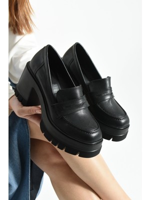 Dabab Shoes Loftia Kadın Siyah Cilt Chunky Yüksek Taban 9 cm Kalın Topuklu Loafer Ayakkabı