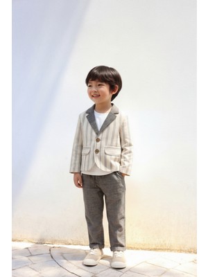 Magu Erkek Çocuk Ekru Çizgili Blazer Ceket Gri Pantolon ve T Shirt Takım