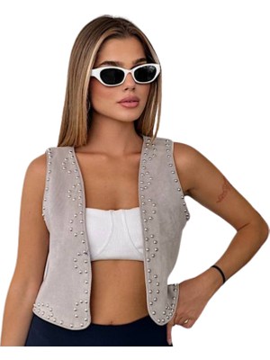 Kechi Woman Süet Kumaş Çakım Taşlı Gri Renk Yelek