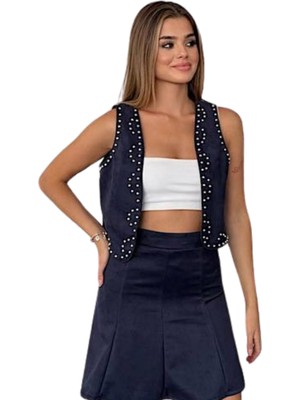 Kechi Woman Süet Kumaş Çakım Taşlı Lacivert Renk Yelek