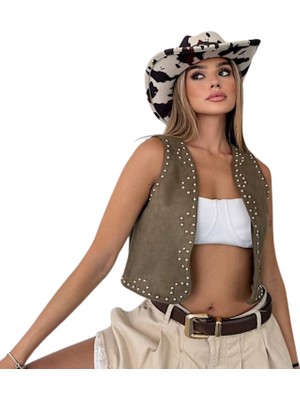 Kechi Woman Süet Kumaş Çakım Taşlı Haki Renk Yelek