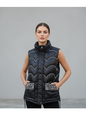 Rabiossa  Kadın Taş Detaylı Premium Siyah Yelek