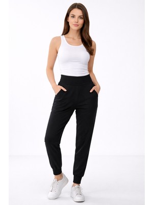 POLYMOOD Kadın Siyah Yüksek Bel Çift Cepli Esnek Eşofman Altı Jogger
