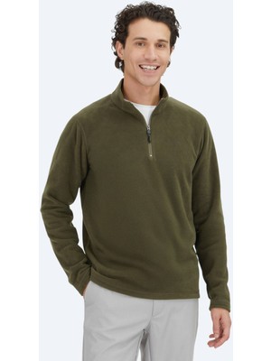 Kip Haki Dik Yaka Düz Polar Sweatshırt