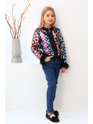 Riccotarz Kız Çocuk Renkli Pulpayet Işlemeli Kol Uçları Tüylü Siyah Ceket