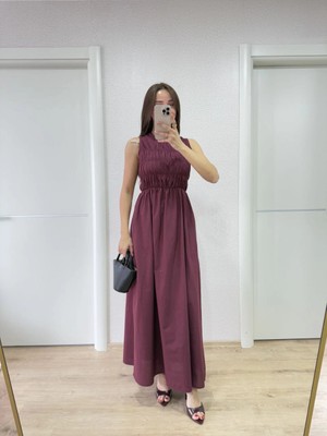 Mevese Kolsuz Göğüs Lastıklı %100 Poplin Uzun Elbise - Bordo -