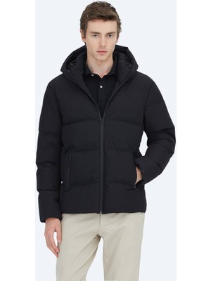 Kip Siyah Regular Fit Kapüşonlu Casual Dokuma Mont