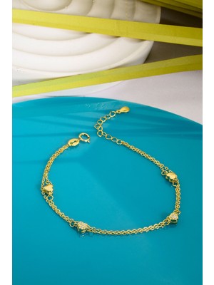 925 Ayar Gümüş Üzeri Altın Kaplama 2 Zincirli Küçük Kalpli Bileklik