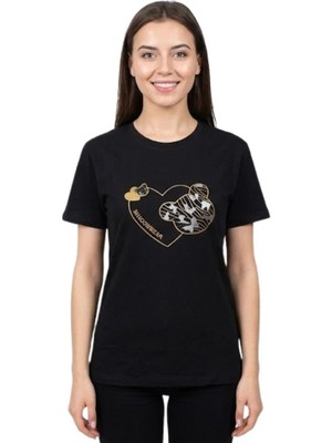 Baskı Enfield&co Kadın T-Shirt Kalp-Tavşan Siyah