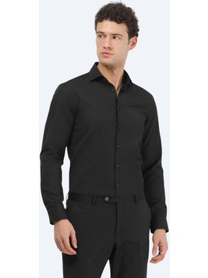 Kip Siyah Düz Regular Fit Dokuma Klasik Pamuk Karışımlı Gömlek