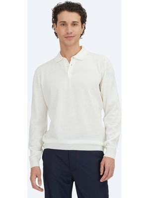 Kip Ekru Polo Yaka Düz Örgü Triko Kazak