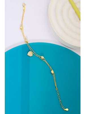 925 Ayar Gümüş Üzeri Altın Kaplama 2 Zincirli Kalpli Bileklik